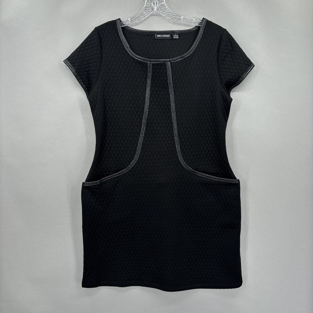 Nina Leonard Dress Large‎ Black Quilted Short Sleeve Faux Leather Trim Mini